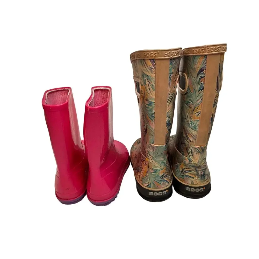 Bogs Girls Rain Boots Marbled Pink Waterproof Muckers Size 11-12